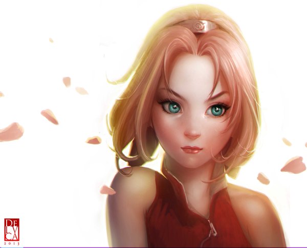 Anime picture 3964x3205 with naruto studio pierrot naruto (series) haruno sakura antonio de luca single highres short hair simple background white background green eyes pink hair absurdres lips realistic sleeveless lipstick girl dress red dress