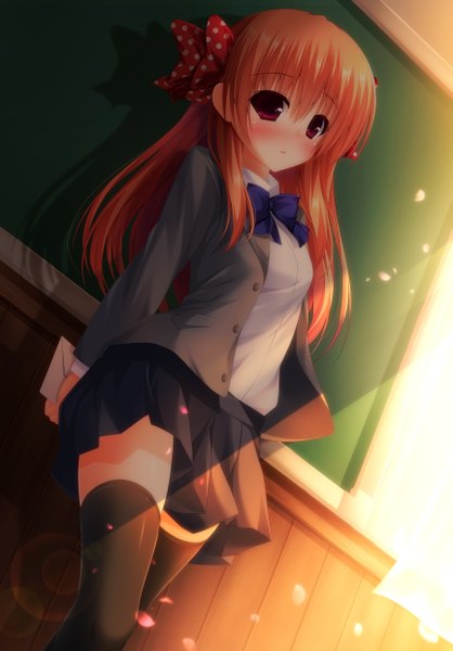 Anime picture 863x1238 with gekkan shoujo nozaki-kun doga kobo sakura chiyo yunagi amane single long hair tall image looking at viewer blush red eyes orange hair girl thighhighs skirt uniform bow black thighhighs hair bow school uniform petals