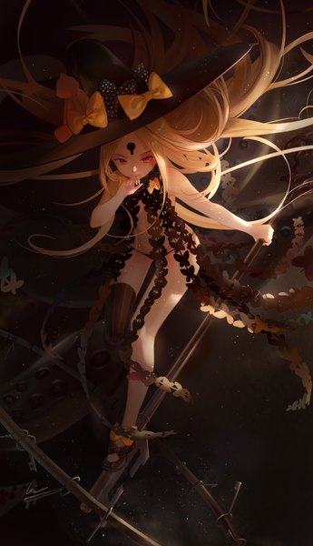 Anime picture 2480x4308 with fate (series) fate/grand order abigail williams (fate) abigail williams (second ascension) (fate) leiq single long hair tall image looking at viewer highres light erotic blonde hair red eyes bare shoulders holding signed full body leaning leaning forward floating hair