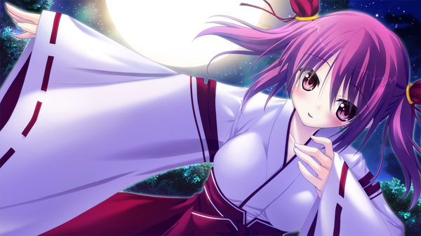 Anime picture 1280x720 with koi doki hasegawa mikoto single long hair looking at viewer blush wide image purple eyes twintails game cg purple hair traditional clothes night miko girl moon