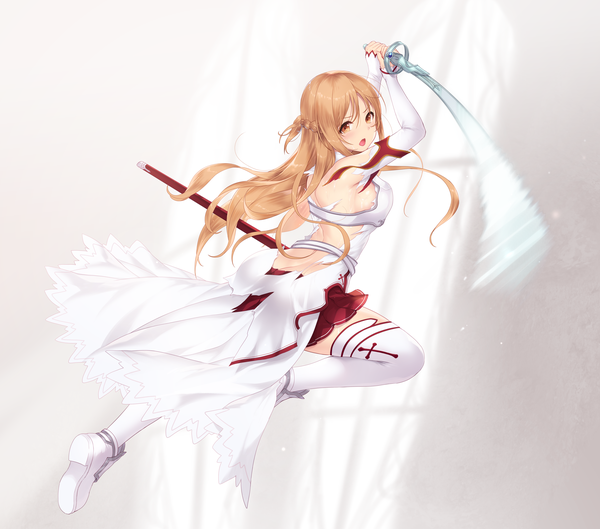 Anime picture 8976x7913 with sword art online a-1 pictures yuuki asuna cait single long hair looking at viewer blush fringe highres open mouth light erotic hair between eyes brown hair holding brown eyes absurdres full body ass braid (braids)