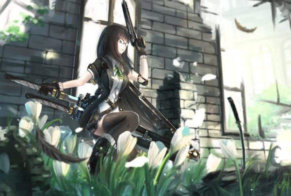 Anime picture 2383x1610 with original kikivi single long hair highres black hair holding looking away light smile black eyes sunlight squat dual wielding sheathed girl thighhighs skirt gloves flower (flowers) weapon