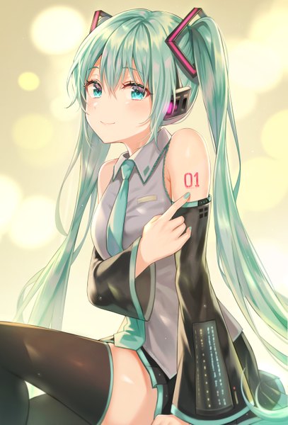 Anime picture 2070x3048 with vocaloid hatsune miku tokkyu single long hair tall image looking at viewer blush fringe highres simple background smile hair between eyes sitting twintails bare shoulders holding payot bent knee (knees) long sleeves