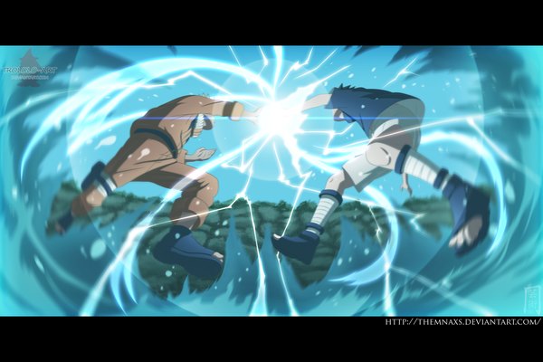 Anime picture 3000x2000 with naruto studio pierrot naruto (series) uzumaki naruto uchiha sasuke themnaxs highres short hair black hair blonde hair sky from below coloring magic light jinchuriki battle boy water