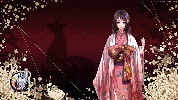 Anime picture 1920x1080 with hanaoboro ~sengoku-den ranki~ ichi (hanaoboro) ashika nozomu single long hair looking at viewer fringe highres blue eyes brown hair wide image standing traditional clothes japanese clothes arm up hair flower wide sleeves official art shadow wallpaper