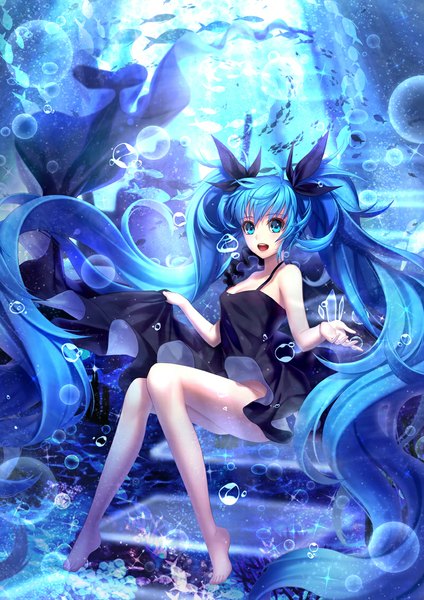 Anime picture 800x1132 with vocaloid shinkai shoujo (vocaloid) hatsune miku metto single tall image looking at viewer open mouth blue eyes sitting twintails blue hair very long hair barefoot bare legs girl dress bow hair bow sundress