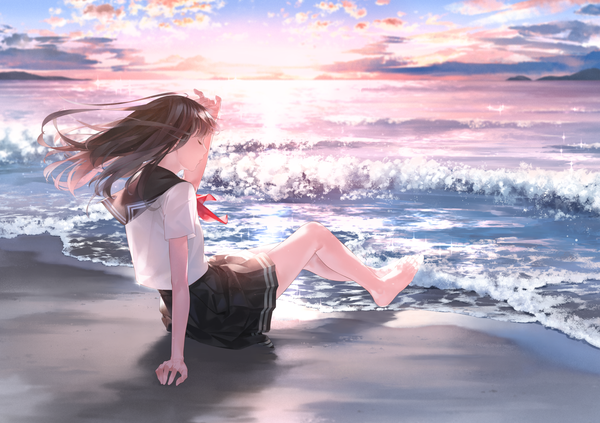 Anime picture 2000x1413 with original sousou (sousouworks) single long hair fringe highres brown hair sitting sky cloud (clouds) full body bent knee (knees) outdoors eyes closed profile pleated skirt barefoot arm up wind arm support