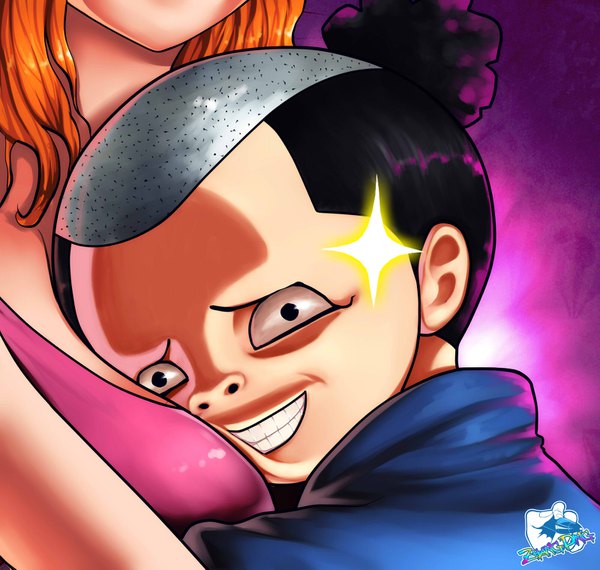 Anime picture 1600x1521 with one piece toei animation nami (one piece) momonosuke (one piece) zhang ding short hair breasts light erotic black hair simple background smile signed black eyes orange hair teeth grin coloring shaded face face head out of frame