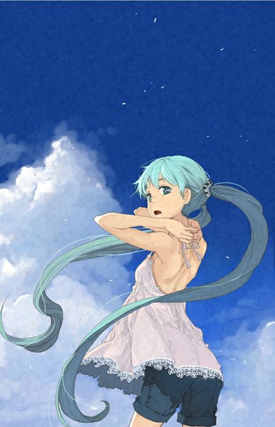 Anime picture 740x1147 with vocaloid hatsune miku murasaki hisato single tall image open mouth twintails sky cloud (clouds) very long hair looking back aqua eyes wind from behind aqua hair arms behind head girl shorts frills