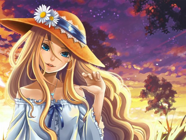 Anime picture 1035x777 with original miaaaaaaa single long hair looking at viewer blue eyes blonde hair bare shoulders cloud (clouds) light smile evening sunset girl flower (flowers) hat necklace sundress