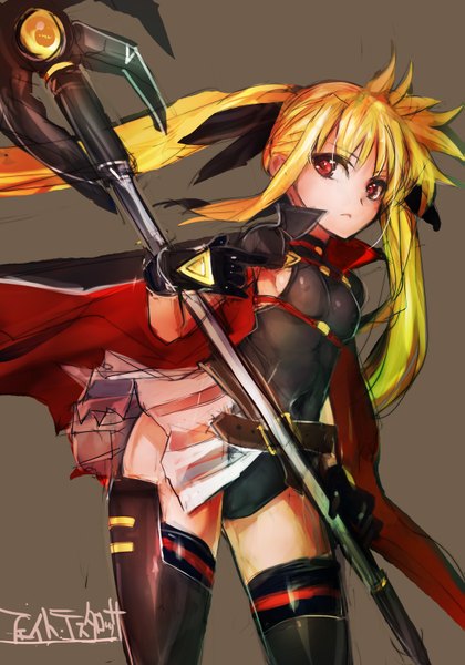Anime picture 1119x1600 with mahou shoujo lyrical nanoha fate testarossa taishi (picchiridou) single long hair tall image light erotic simple background blonde hair red eyes twintails pleated skirt girl thighhighs skirt gloves weapon belt staff
