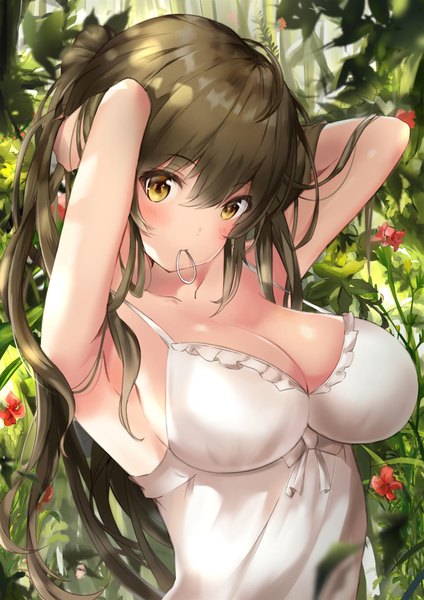 Anime picture 1448x2048 with original yutoriko (candy0905) single long hair tall image looking at viewer blush fringe breasts light erotic hair between eyes brown hair large breasts holding yellow eyes cleavage upper body outdoors arms up armpit (armpits)