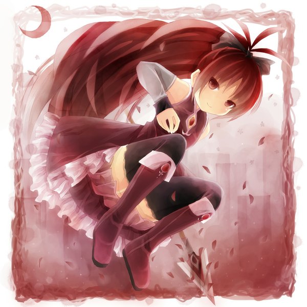 Anime picture 1000x1000 with mahou shoujo madoka magica shaft (studio) sakura kyouko long hair blush smile red eyes ponytail red hair crescent girl thighhighs bow weapon black thighhighs hair bow detached sleeves petals