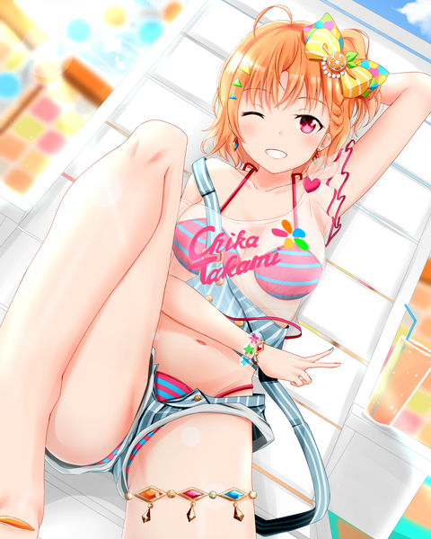 Anime-Bild 1200x1500 mit love live! sunshine!! sunrise (studio) love live! takami chika kamesys single tall image looking at viewer blush fringe short hair breasts light erotic smile red eyes payot sky cloud (clouds) outdoors one eye closed