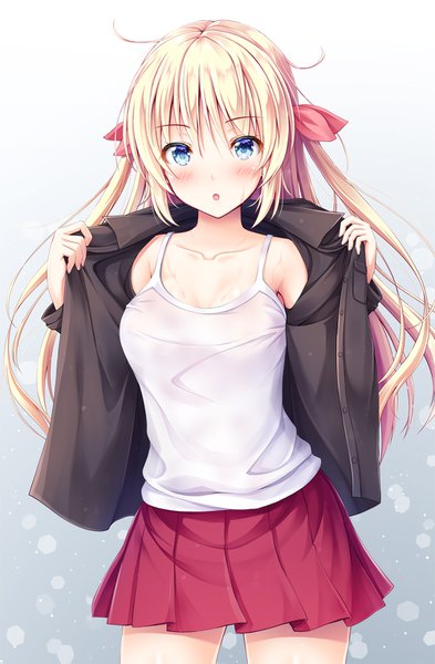 Anime-Bild 1000x1527 mit original akashio (loli ace) single long hair tall image looking at viewer blush fringe breasts open mouth blue eyes simple background blonde hair hair between eyes standing holding ahoge pleated skirt open jacket bare legs