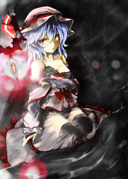 Anime picture 1000x1399 with touhou remilia scarlet hatsuka (exsilver) single tall image looking at viewer blush short hair open mouth light erotic bare shoulders blue hair long sleeves pointy ears official art floral print transparent darkness girl skirt