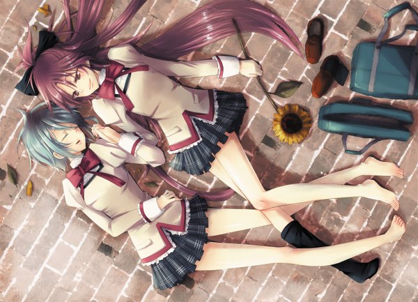 Anime picture 1384x1000 with mahou shoujo madoka magica shaft (studio) sakura kyouko miki sayaka uta-i (artist) long hair short hair red eyes multiple girls blue hair red hair eyes closed barefoot no shoes legs shoujo ai girl uniform flower (flowers) bow