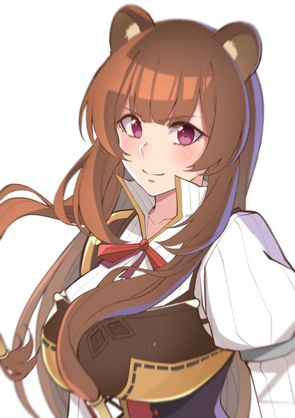 Anime picture 848x1200 with tate no yuusha no nariagari kinema citrus raphtalia bl00d h00d single long hair tall image looking at viewer blush fringe breasts simple background smile brown hair large breasts white background purple eyes animal ears payot upper body