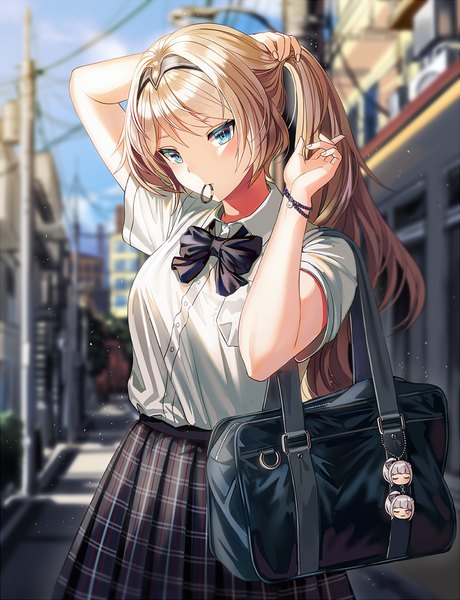 Anime picture 800x1043 with girls frontline an-94 (girls frontline) silence girl single long hair tall image looking at viewer blush fringe blue eyes blonde hair standing holding sky outdoors pleated skirt blurry short sleeves depth of field alternate costume