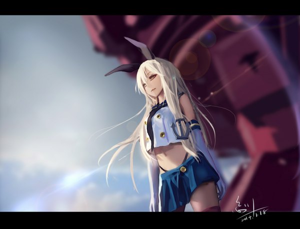 Anime-Bild 1842x1408 mit kantai collection shimakaze destroyer wangchuan de quanyan single long hair fringe highres hair between eyes brown eyes signed white hair blurry lens flare letterboxed girl thighhighs skirt gloves bow hair bow