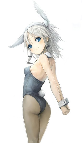 Anime picture 835x1457 with touhou izayoi sakuya usisan single tall image looking at viewer short hair blue eyes light erotic simple background smile standing white background bare shoulders animal ears ass tail braid (braids) animal tail light smile