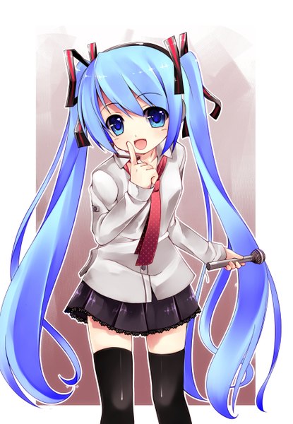 Anime picture 1817x2625 with vocaloid hatsune miku wakatsuki you single long hair tall image highres open mouth blue eyes twintails blue hair loli finger to mouth girl thighhighs black thighhighs microphone