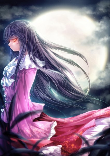 Anime picture 900x1273 with touhou houraisan kaguya misaki (kyal 001) single long hair tall image looking at viewer black hair red eyes sky cloud (clouds) traditional clothes japanese clothes profile wind night glowing glowing eye (eyes) girl plant (plants)