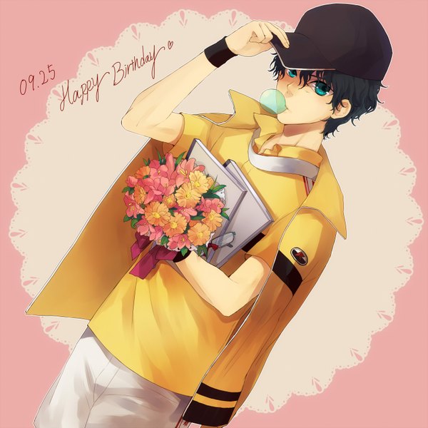 Anime picture 1517x1517 with prince of tennis kirihara akaya otsuki (artist) short hair black hair aqua eyes inscription pink background happy birthday boy uniform flower (flowers) glasses gym uniform bouquet wristlet baseball cap bubblegum