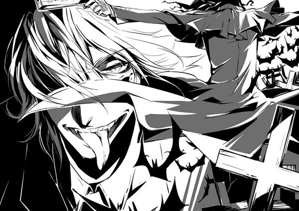 Anime picture 1100x776 with hellsing alucard (hellsing) bakusyuu single long hair fringe black hair blonde hair white hair from behind hair over one eye teeth fang (fangs) back black background monochrome vampire boy gloves weapon