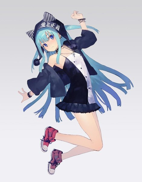 Anime picture 700x893 with original hirota tsuu single long hair tall image looking at viewer blush fringe blue eyes payot blue hair full body bent knee (knees) open jacket bare legs armpit (armpits) leaning gradient background spread arms arched back