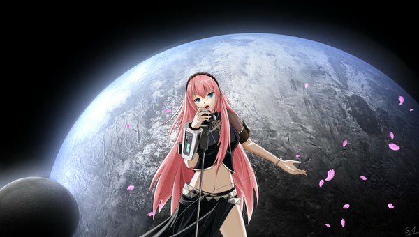 Anime picture 1500x850 with vocaloid megurine luka single long hair blue eyes wide image pink hair midriff girl petals headphones microphone planet