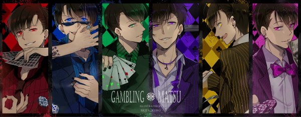 Anime picture 1200x466 with osomatsu-san matsuno osomatsu matsuno karamatsu matsuno ichimatsu matsuno choromatsu matsuno todomatsu matsuno juushimatsu ekita xuan looking at viewer fringe short hair open mouth blue eyes black hair smile red eyes wide image purple eyes green eyes signed