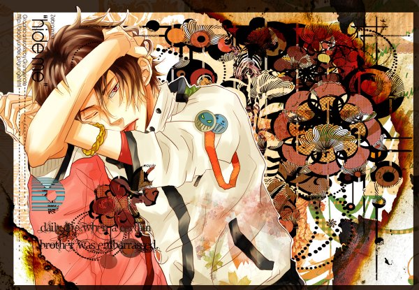 Anime picture 1200x830 with one piece toei animation portgas d. ace togashi (choco-bakama kitchen) single looking at viewer short hair red eyes brown hair one eye closed wink inscription framed freckles boy bracelet tongue