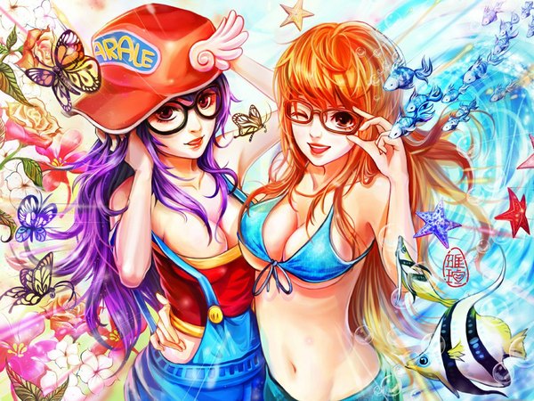 Anime picture 1024x768 with one piece dr. slump toei animation nami (one piece) norimaki arale candybar long hair looking at viewer breasts open mouth light erotic smile red eyes bare shoulders multiple girls cleavage purple hair orange hair midriff lipstick