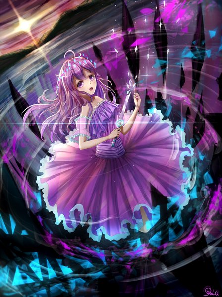 Anime picture 1280x1713 with original pkq single long hair tall image looking at viewer blush fringe open mouth purple eyes holding signed purple hair cloud (clouds) ahoge from above :o dutch angle magic evening