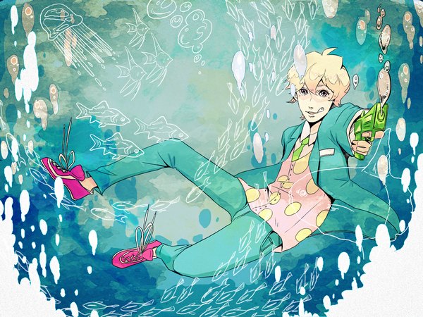 Anime picture 1000x750 with tsuritama a-1 pictures haru (tsuritama) single blush short hair blonde hair smile yellow eyes full body boy necktie shoes bubble (bubbles) suit fish (fishes) pistol