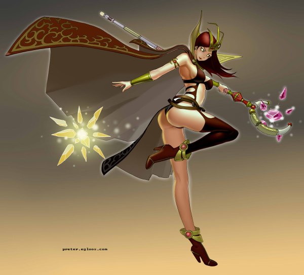 Anime picture 1200x1087 with league of legends emilia leblanc single long hair looking at viewer light erotic brown hair yellow eyes ass legs girl thighhighs shoes bracelet cloak staff single thighhigh tiara