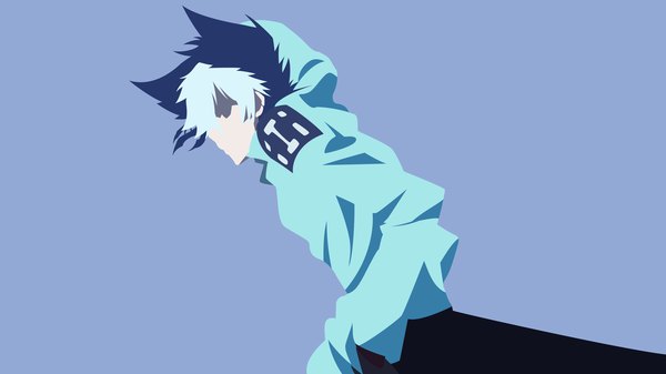 Anime picture 3840x2160 with servamp kuro (servamp) laitofai single highres short hair simple background wide image absurdres upper body profile grey hair wallpaper fur trim blue background hands in pockets no face minimalist boy fur