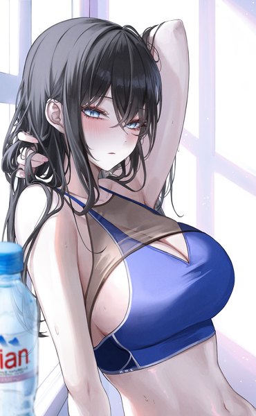 Anime picture 1700x2755 with original ame 816 single long hair tall image looking at viewer blush fringe breasts blue eyes light erotic black hair hair between eyes large breasts upper body indoors arm up sweat arm around neck girl
