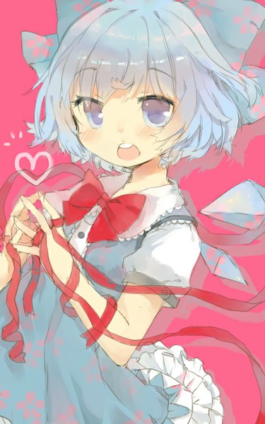 Anime picture 500x800 with touhou cirno acidear single tall image looking at viewer blush fringe short hair open mouth simple background purple eyes blue hair teeth :o pink background girl dress ribbon (ribbons) bow
