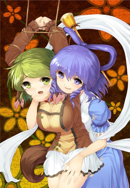 Anime picture 1261x1817 with touhou kaku seiga kasodani kyouko danbo (rock clime) tall image blush short hair open mouth blue eyes light erotic multiple girls green eyes animal ears blue hair animal tail green hair shoujo ai bondage girl hair ornament