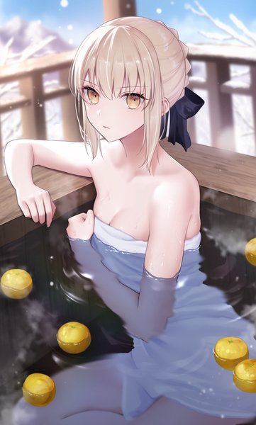 Anime picture 985x1637 with fate (series) fate/stay night artoria pendragon (all) saber alter meltymaple single tall image looking at viewer fringe short hair breasts light erotic blonde hair hair between eyes sitting bare shoulders yellow eyes payot sky bent knee (knees)