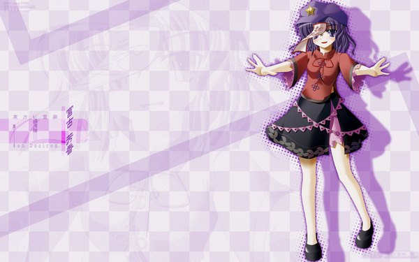 Anime picture 1920x1200 with touhou miyako yoshika side b single highres short hair black hair wide image purple eyes parted lips shadow wallpaper checkered background girl star (symbol)