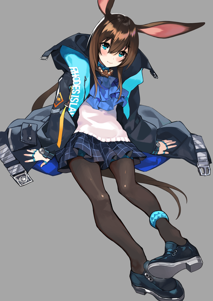 Anime picture 2508x3541 with arknights amiya (arknights) comeo single tall image blush fringe highres blue eyes simple background smile hair between eyes brown hair sitting animal ears full body very long hair pleated skirt grey background open jacket