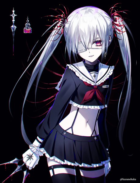 Anime picture 1000x1308 with original kazunehaka single long hair tall image looking at viewer fringe hair between eyes standing twintails signed silver hair long sleeves head tilt pink eyes hair flower midriff twitter username black background girl
