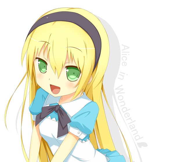 Anime picture 1400x1300 with alice in wonderland alice (wonderland) nabu (artist) long hair looking at viewer blush open mouth blonde hair white background green eyes inscription shadow girl dress hairband