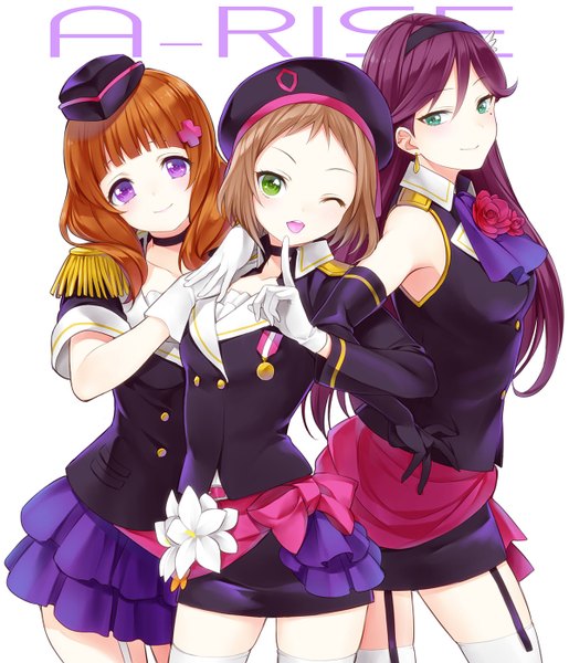 Anime picture 1200x1398 with love live! school idol project sunrise (studio) love live! kira tsubasa yuuki anju toudou erena kisaragi mizu long hair tall image blush short hair open mouth smile brown hair purple eyes bare shoulders multiple girls green eyes pink hair one eye closed