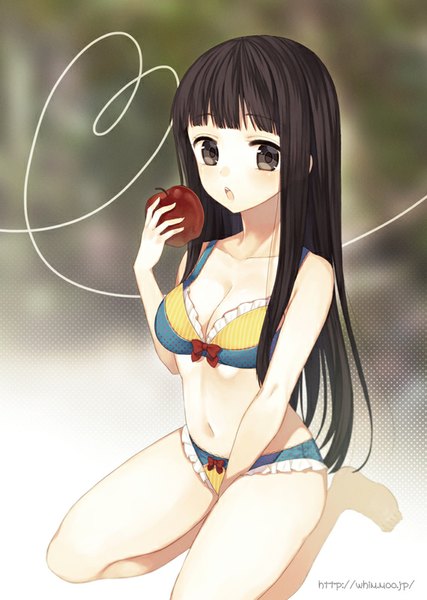 Anime picture 570x800 with original midorikawa you single long hair tall image blush fringe open mouth light erotic black hair sitting signed looking away black eyes underwear only heart of string girl underwear panties lingerie