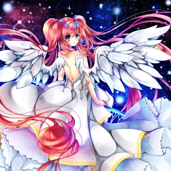 Anime picture 1500x1500 with original maruuki single blue eyes smile twintails bare shoulders pink hair very long hair looking back bare back angel wings girl dress wings star (stars)