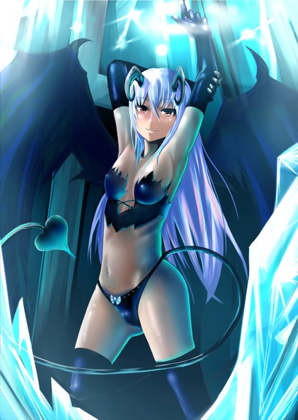 Anime picture 1000x1411 with original koruse long hair tall image breasts light erotic red eyes silver hair tail horn (horns) demon girl girl thighhighs gloves navel black thighhighs wings elbow gloves